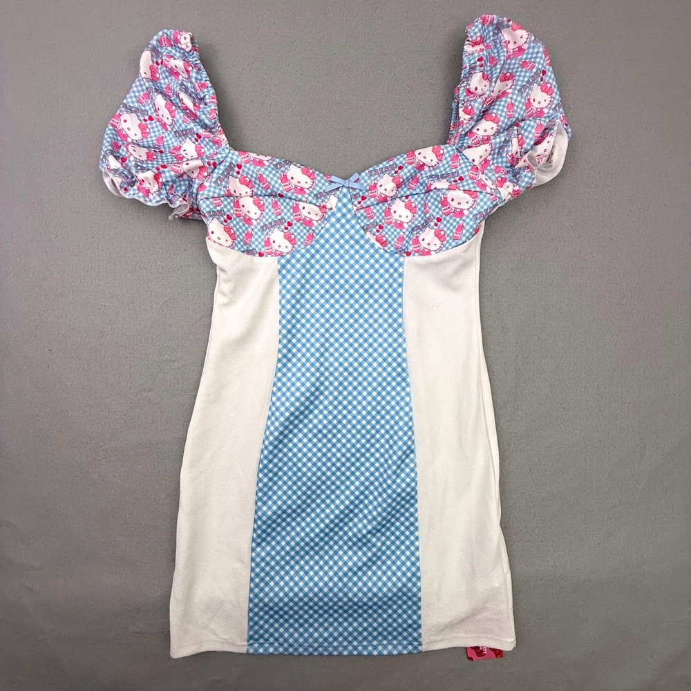 SHEIN x Hello Kitty Mini Dress Women XL Blue Gingham Puff Sleeve Graphic Stretch